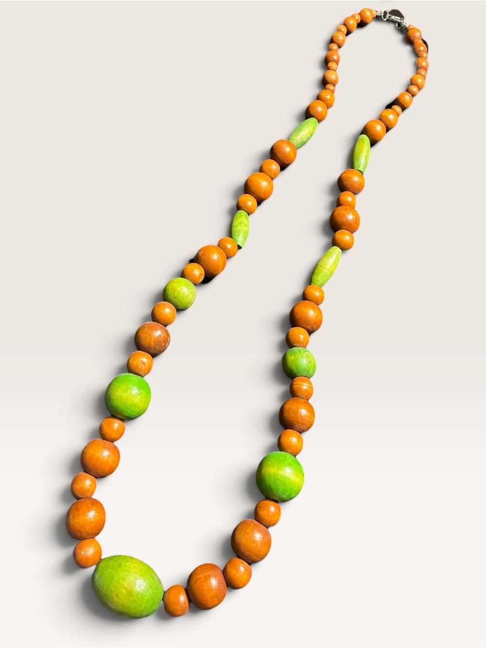 Handcrafted Light Brown & Green Wooden Bead Vintage Necklace